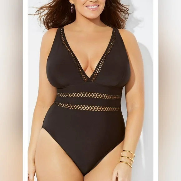 DACI V-Neck Crochet Picou Lace Insert Bathing Suit Swimsuit Curvy Plus NWT - Picture 7 of 13